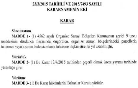 OSB lerde parsellerin bedelsiz tahsisi 2 yıl daha uzatıldı!