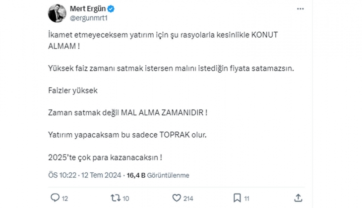 Şu an satma değil alma zamanı: Yatırım için konut değil, toprak alın açıklaması!