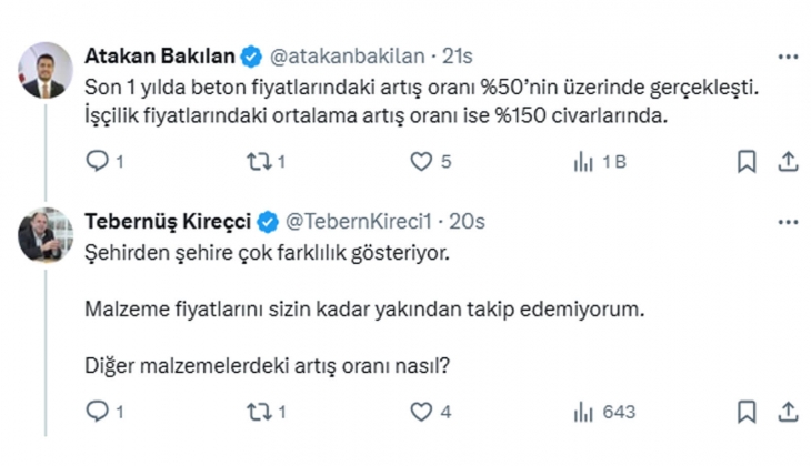 Tebernüş Kireçci sordu: Şimdi beton ve çimentodaki son 1 yıllık artış yüzde 38.93 mü?