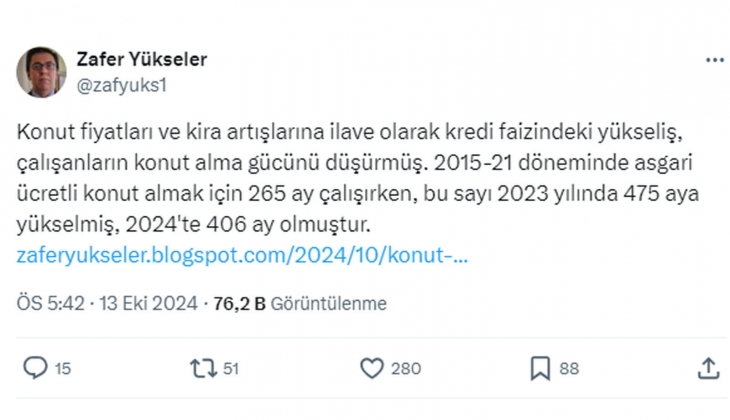 2015-2021 döneminde asgari ücretliler ev almak için 265 ay çalışırken, 2024 te bu süre 406 ay oldu!