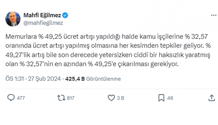 Mahfi Eğilmez: Kamu işçilerinin zammı da yüzde 49,25 e çıkarılsın! 