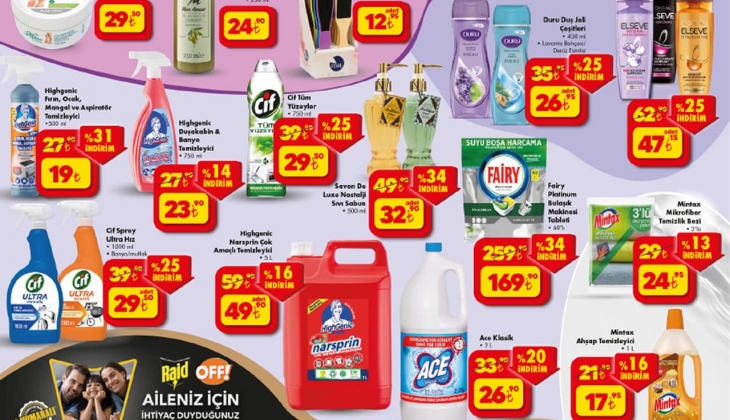 ŞOK kataloğunda Ace klasik 2 litre 26 TL'ye, 60'lı Fairy tablet 169 TL'ye, Elseve şampuan 47 TL'ye düştü!