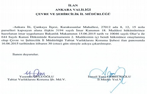 Ankara Karakusunlar imar uygulaması askıda!