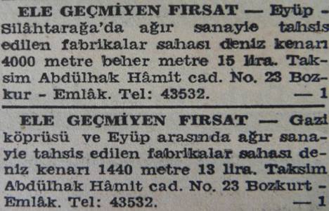 1942 yılında Eyüp Silahtarağa'da 4 bin metrekare arsa metrekaresi 15 liradan satılacakmış!