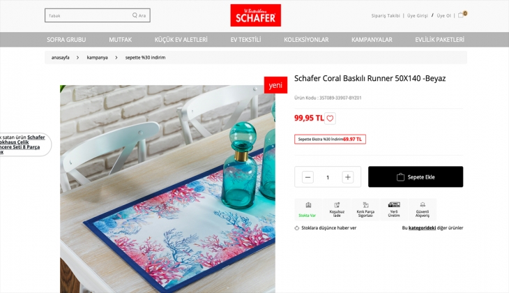 Schafer ev tekstili ürünlerinde sepette yüzde 30 indirim kampanyası başlattı! 21 Eylül 2022 Schafer fiyat listesi