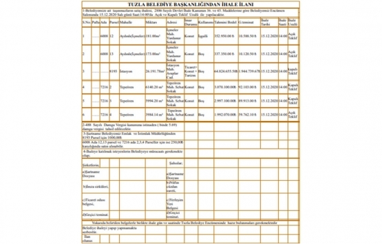 Tuzla Belediyesi nden 73.6 milyon TL ye satılık 6 gayrimenkul!