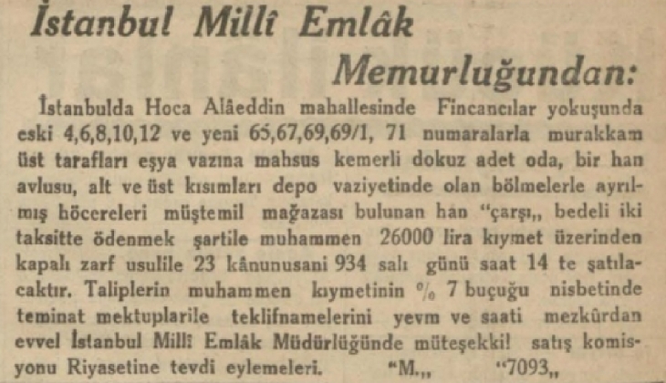 İstanbul Milli Emlak Memurluğu 1934 te 2 taksitle gayrimenkul satıyormuş!