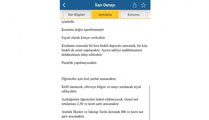 Göreni hayrete düşüren kiralık ev ilanı: Açıköğretim öğrencileri kabul edilmeyecek, BB ve üzeri not şartı aranacak!