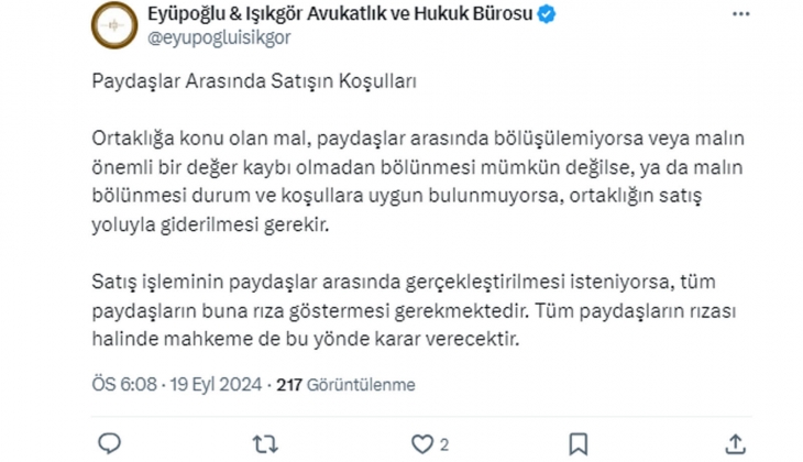 Paydaşlar arasında mülk satışının şartları!
