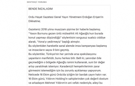 Ali Ağaoğlu’ndan, Ordu-Yason Burnu kampanyasına imza!