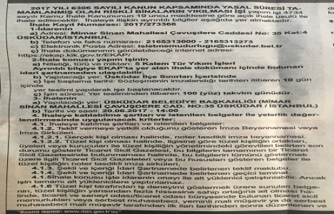 Üsküdar da bina yıkım ihalesi 20 Haziran da!