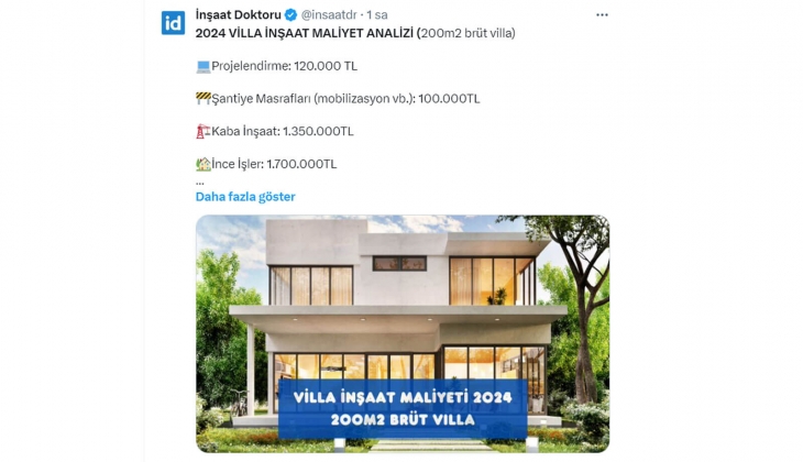 200 metrekarelik villanın arsa hariç toplam maliyeti 4.3 milyon TL!
