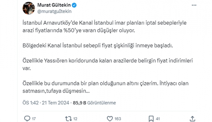 Kanal İstanbul çevresindeki arazilerin fiyatları düşüyor! Satmayın, tufaya düşmeyin! 