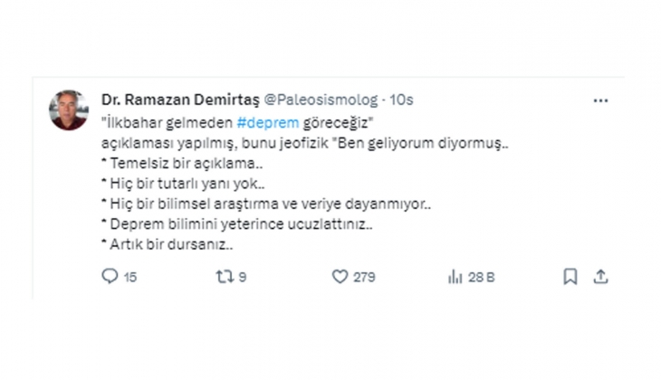 Dr. Ramazan Demirtaş tan İlkbahar gelmeden deprem göreceğiz açıklamasına tepki: Deprem bilimini ucuzlattınız!
