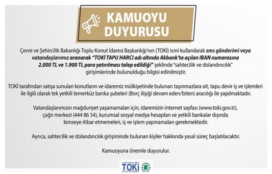 TOKİ den sahtekarlara karşı uyarı!