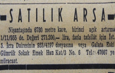 1955 yılında Nişantaşı'nda 9.780 metrekare arsa 271.200 liraya satılacakmış!