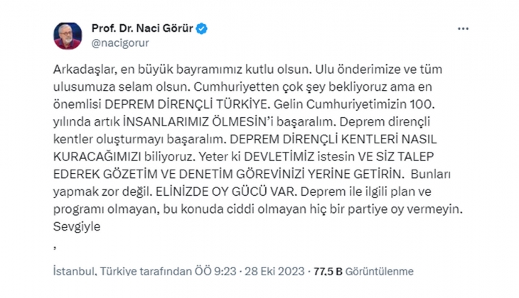 Prof. Dr. Naci Görür den Cumhuriyet in 100. yıla özel açıklama: Deprem dirençli kentler oluşturmayı başaralım!