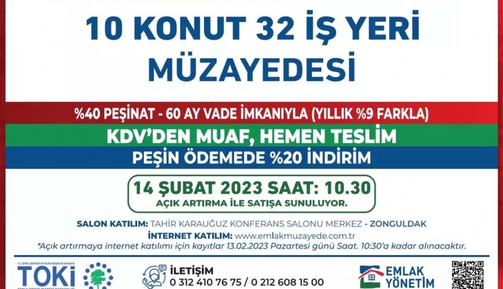 O ilimizde 10 konut ve 32 iş yeri KDV’den muaf satılıyor! 14 Şubat 2023’teki ihaleyi kaçırmayın…