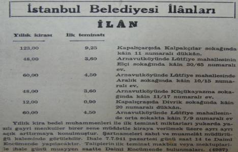 1941 yılında Kapalıçarşı Kalpakçılar Caddesi'nde bir dükkan yıllık 123 liraya kiraya verilecekmiş!