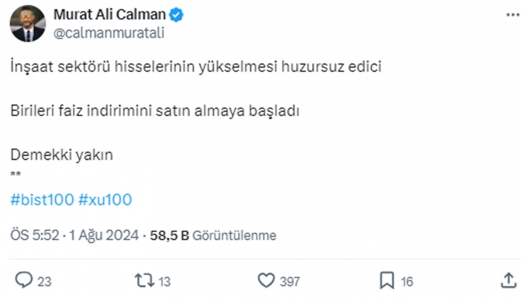 İnşaat sektörü hisseleri yükseliyor! Kripto fenomeninden faiz indirimi yakın açıklaması! 