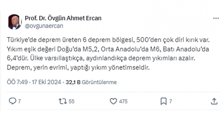 Deprem uzmanı Prof. Dr. Övgün Ahmet Ercan diri kırıklar için uyardı: 5.2, 6 ve 6.4 büyüklüğünde depremler... 