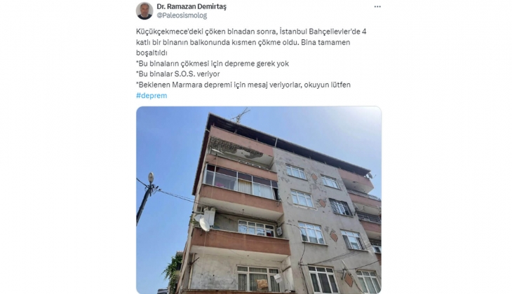 Bahçelievler de 4 katlı binanın balkonu kısmen çöktü: Beklenen Marmara depremi için mesaj veriyorlar!