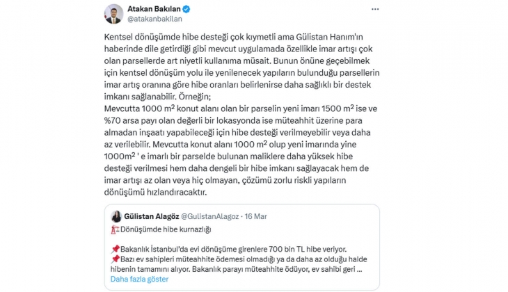 Atakan Bakılan: Kentsel dönüşümde hibe desteği imar artış oranına göre belirlenmeli! Dönüşüm bu şekilde hızlanır! 