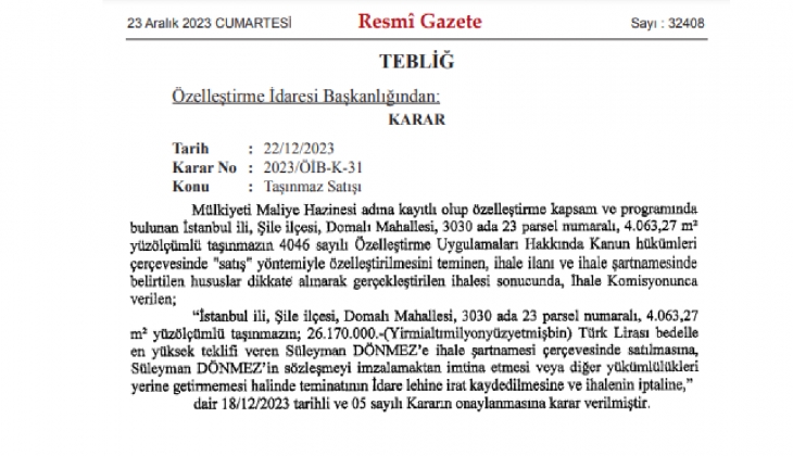 Özelleştirme kapsamındaki taşınmazın satışı onaylandı! Karar Resmi Gazete de yayımlandı! 