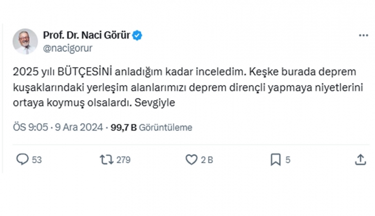Prof. Dr. Naci Görür den 2025 bütçesi çıkışı: Keşke burada deprem dirençli kentler yapmak için niyet olsaydı!