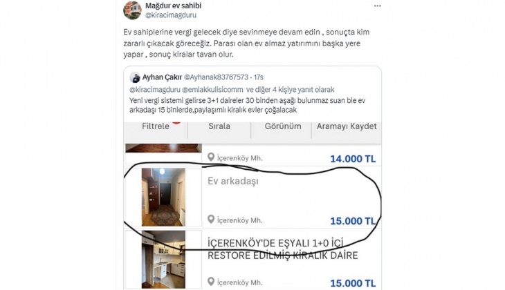 Paylaşımlı evlerin kirası bile 15 bin TL lerde! Ev sahiplerine vergi gelirse kiralar uçar!