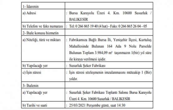 Susurluk Şeker Fabrikası ndan Bursa Yenişehir de kiralık gayrimenkul!