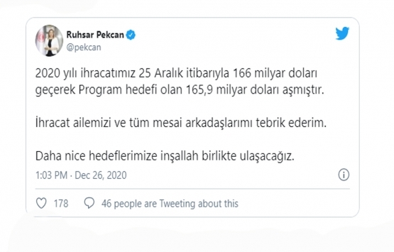 Ruhsar Pekcan: 2020 ihracatımız hedefi aştı!