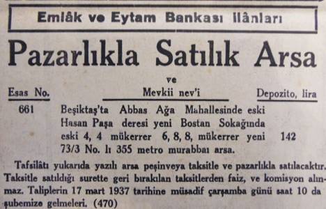 1937 yılında Beşiktaş'ta 355 metrekare arsa 142 lira teminatla satılacakmış!