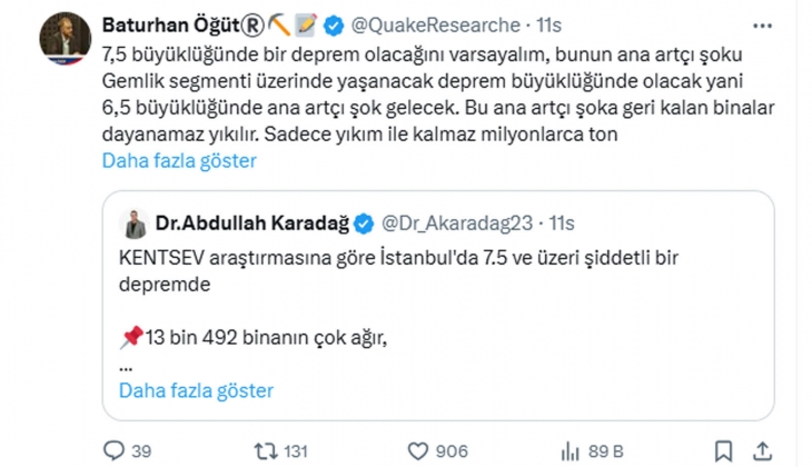 İstanbul da 7.5 büyüklüğünde deprem olursa, peşinden Gemlik segmentinde 6,5 lik ana artçı şok olacak!