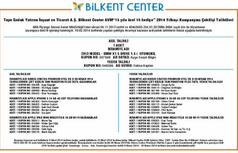 Bilkent Center AVM çekiliş sonuçları yayınlandı!