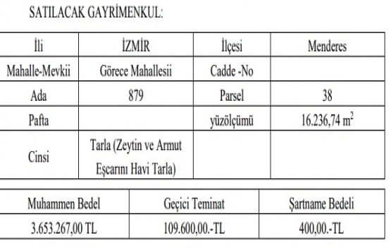 İzmir Menderes te 3.6 milyon TL ye satılık arsa!