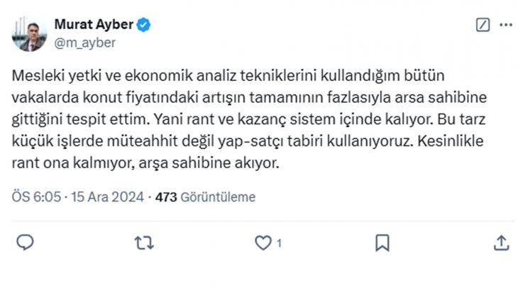İnşaat Mühendisi konutta arsa payına dikkat çekti: Yüzde 25 arsa payıyla 4.5 milyon TL lik evin fiyatı 3 milyon olurdu!