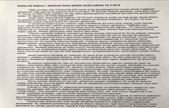 İnanlar inşaat iflasını istedi!