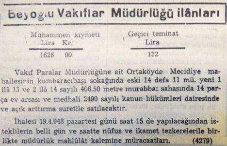 1948 yılında Ortaköy'de 406 metrekare arsa 1.626 liraya satılacakmış!