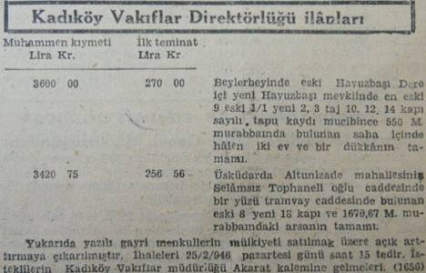 1946 yılında Üsküdar Altunizade'de 1.679 metrekare arsa 3.420 liraya satılacakmış! 