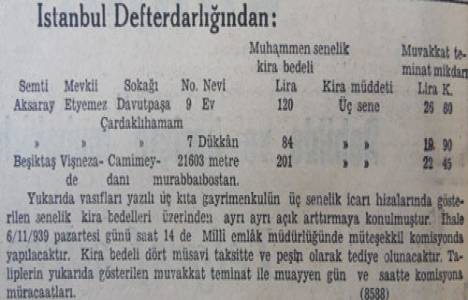 1939 yılında Beşiktaş Vişnezade'de 21 dönüm bostan 201 liraya kiraya verilecekmiş!