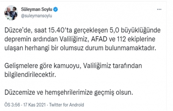 Süleyman Soylu dan Düzce depremi açıklaması!