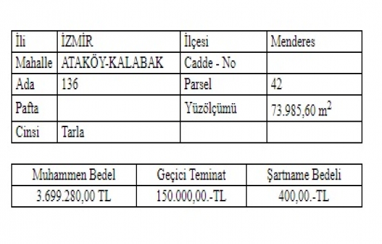İzmir Menderes Belediyesi nden 3.6 milyon TL ye satılık tarla!