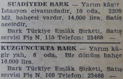 1943 yılında Kuzguncuk'ta bir dönüm bahçe içinde bir yalı 16 bin liraya satılacakmış!