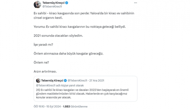 Tebernüş Kireçci, ev sahibi ve kiracı kavgalarını işaret etti: Arz artırılmalı, yoksa daha büyük kavgalar göreceğiz!