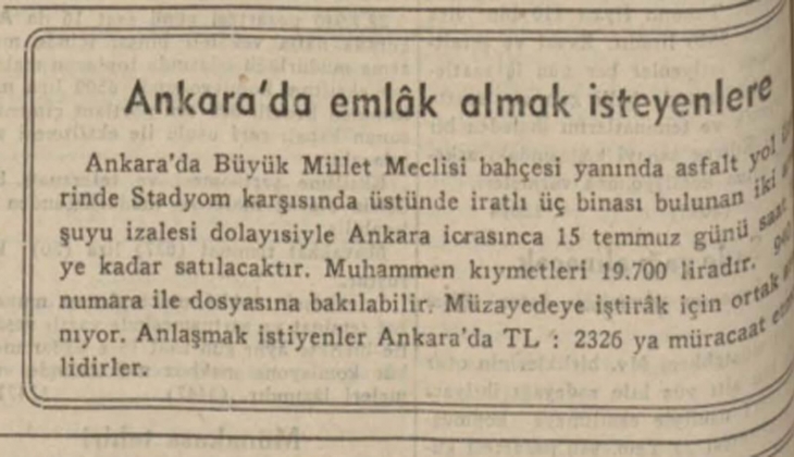 1940 yılında TBMM nin hemen yanında 19 bin 700 liraya icradan satılık daire!