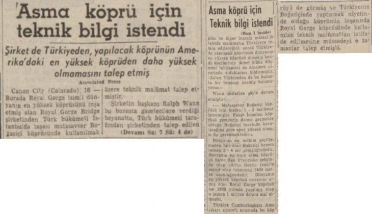 1954 te asma köprü planı! Boğaziçi Köprüsü dünyanın en yüksek köprüsünü geçmesin talebi! 
