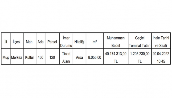 Muş İl Özel İdaresi arsa satıyor: 40.1 milyon TL ye!