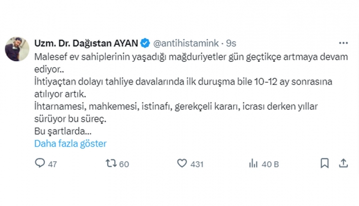 Kiracı mağduru doktor: Evinizi kiraya verirken on kez düşünün! Tahliye davaları 10-12 ay sonra görülüyor!