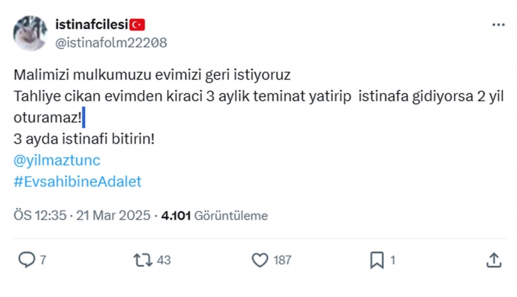 Mağdur ev sahibinden Bakan Tunç a çağrı: 3 ayda istinafı bitirin! 